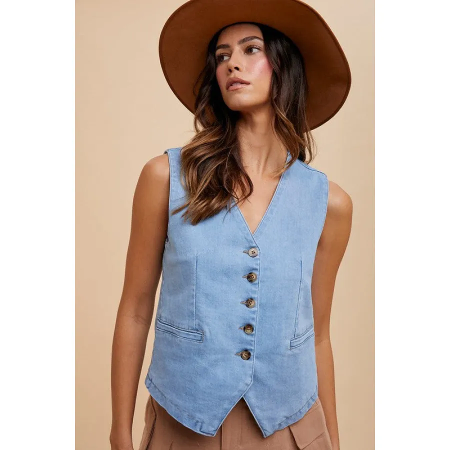 Annie Wear Button Down V-Neck Denim Vest