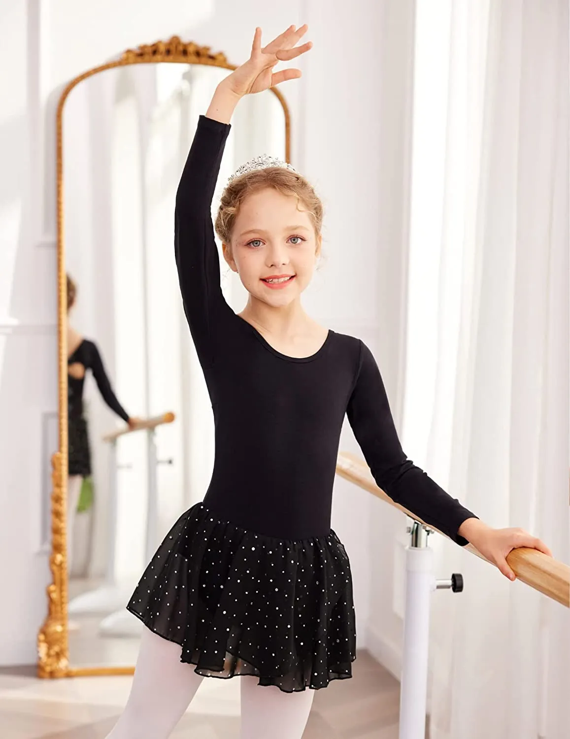 Arshiner Girls Long Sleeve Ballet Leotards Shiny Hollow Back Dance Dress
