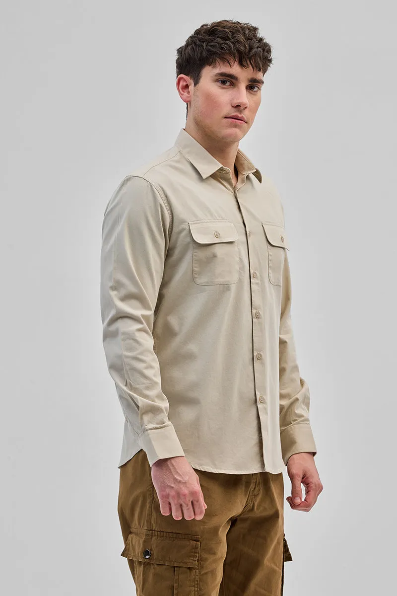Beige Solid Double Pocket Overshirt