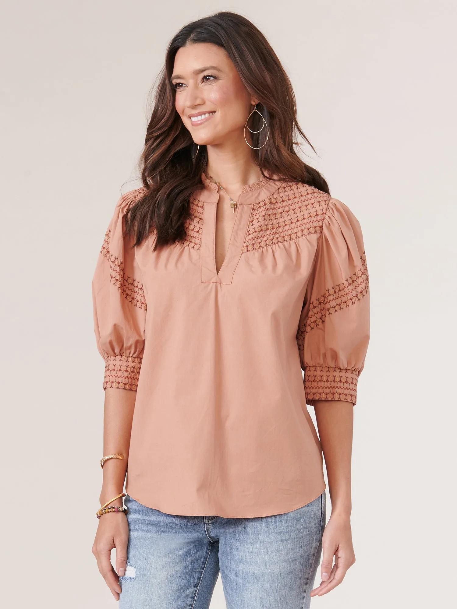 Below Elbow Puff Sleeve Split Neck Embroidered Woven Top