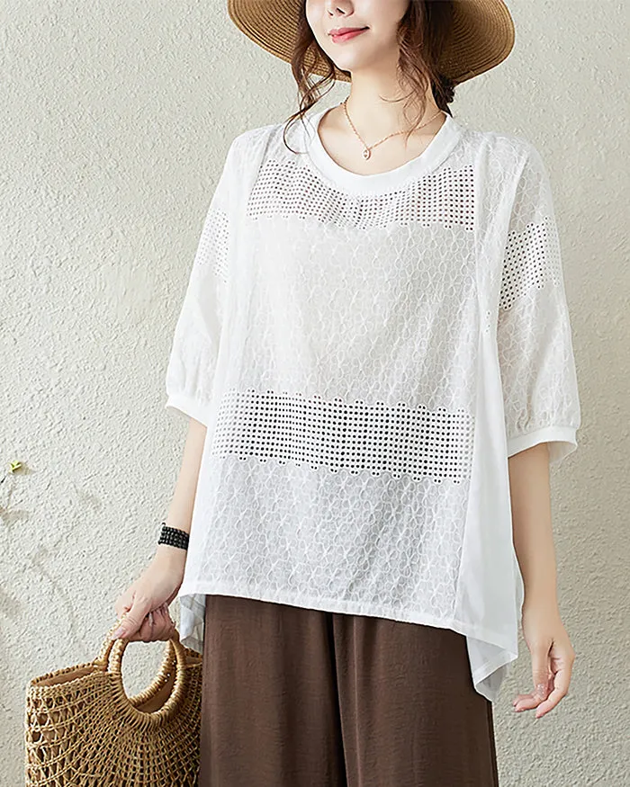 ellazhu Women's T-Shirt Crewneck Half Sleeve Solid White Color Flowy Irregular Hem Hollow Oversize Loose GA2757