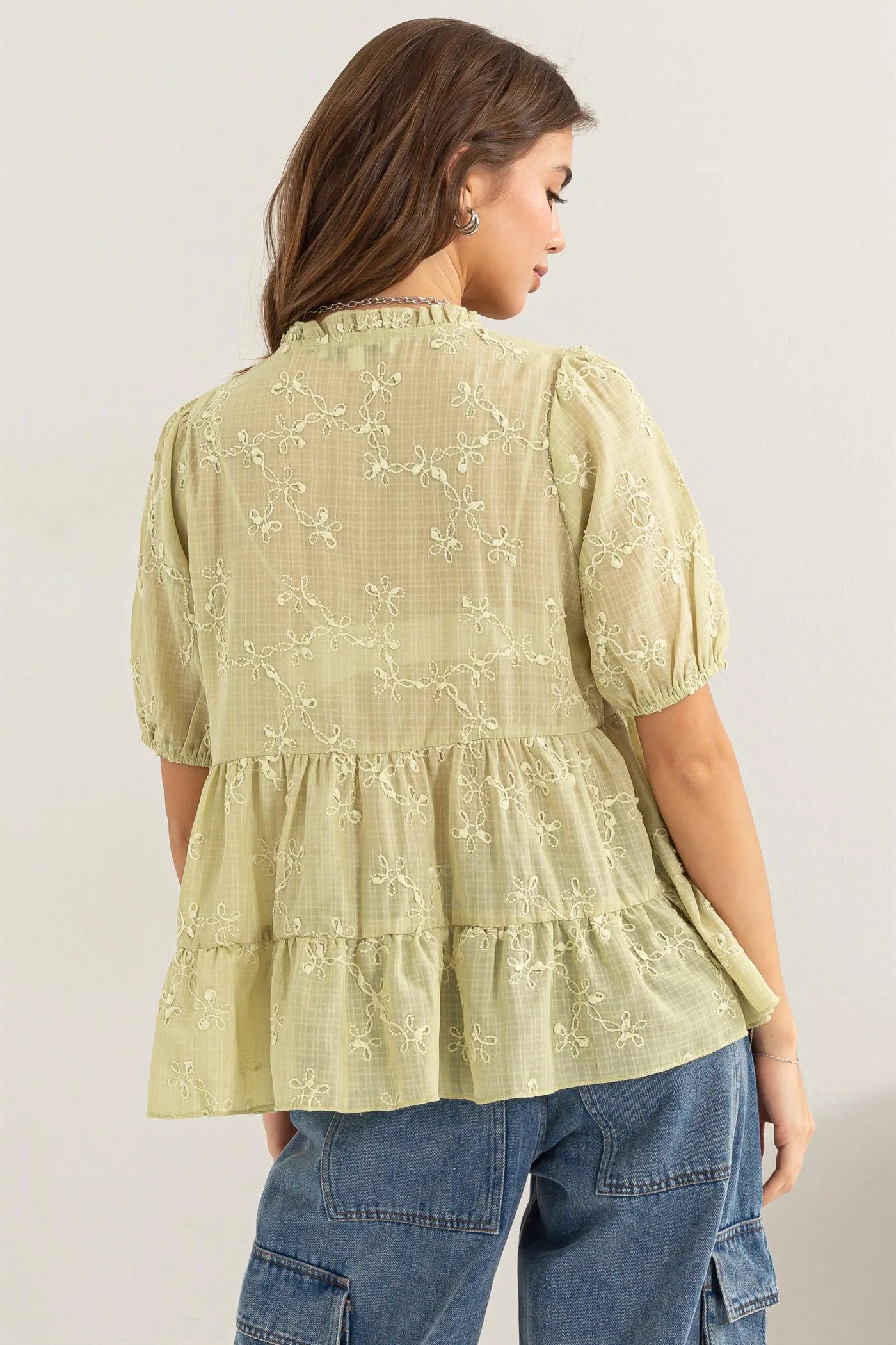 HF24C429-Floral Embroidered Babydoll Top
