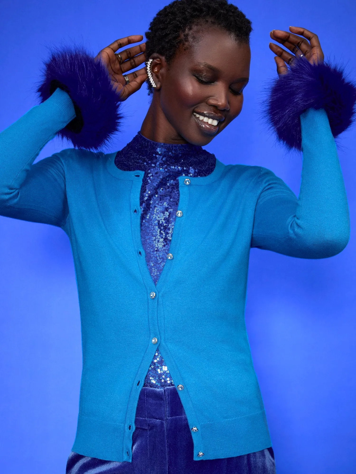 Jeweled-Button Chelsea Crewneck Cardigan