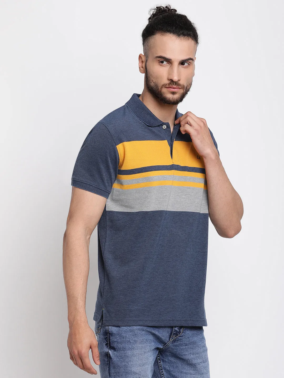 Men's Blue Stripe Polo neck Half Sleeve T-Shirt