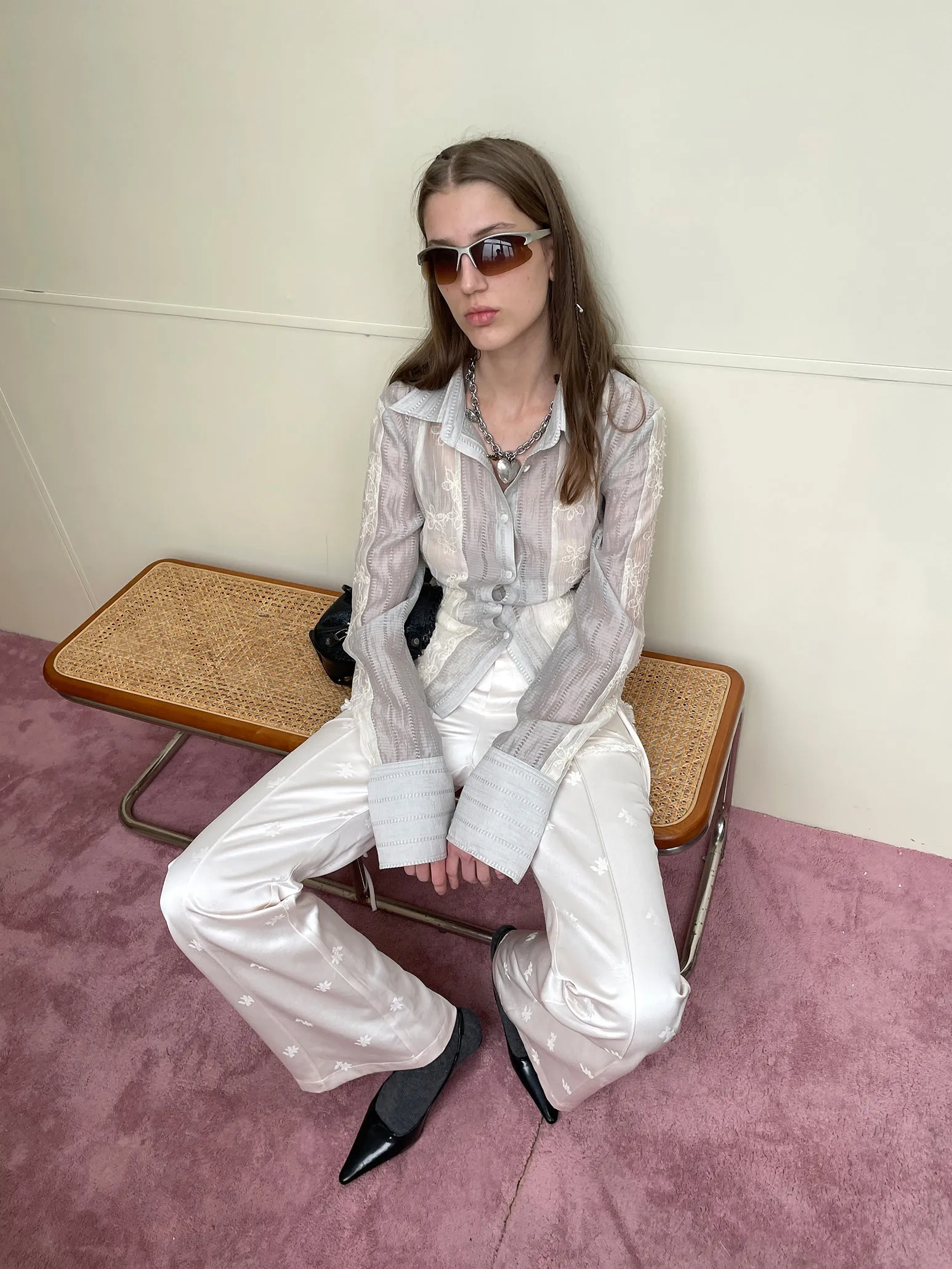 Sheer Lace Embroidery Feminine Shirt
