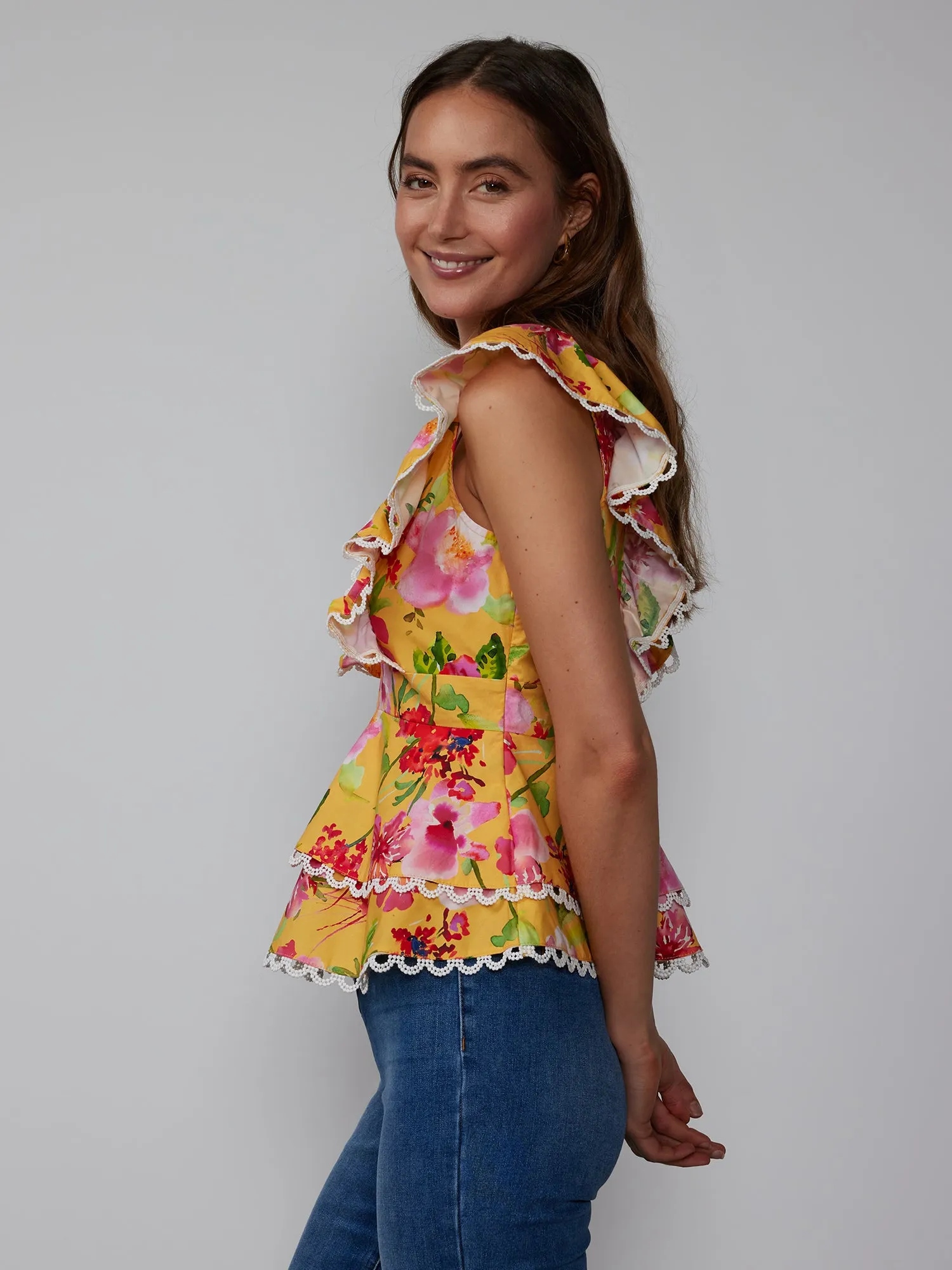 V-Neck Trim Floral Peplum Top